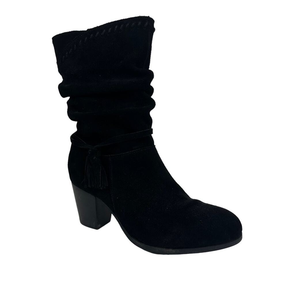 Minnetonka Size 8.5 Black Suede Maven Slouch Calf High Heeled Tassel Boots